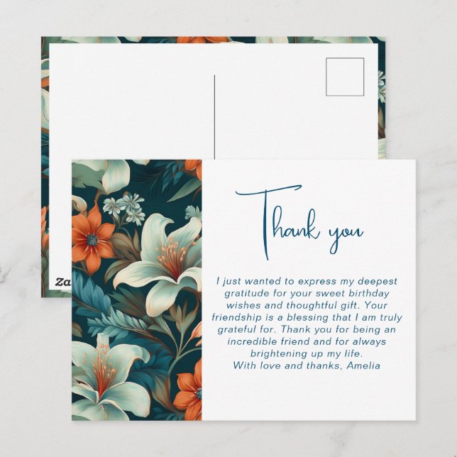 Postal Elegante patrón de flores tropicales y follaje Gra (Anverso / Reverso)