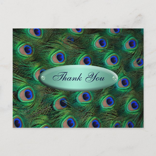 Postal elegante pavo real turquesa Gracias (Anverso)