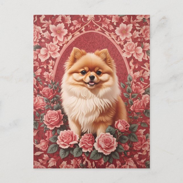 Postal Elegante perro pomerano William Morris inspirado (Anverso)