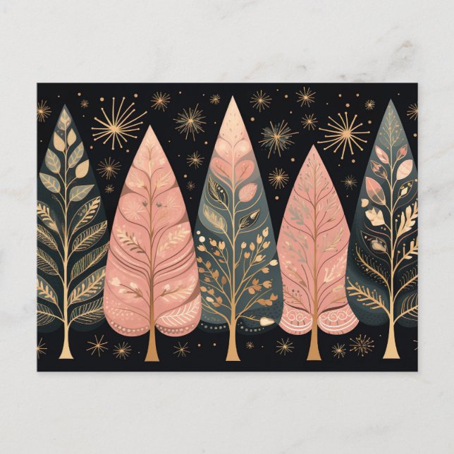 Postal Elegante pinke und grüne Weihnachtsbäume (Anverso)