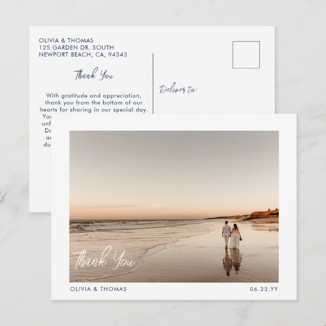 Postal Elegante playa de clase moderna Boda Foto Gracias (Anverso / Reverso)