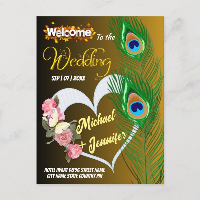 Postal Elegante pluma de pavo real y boda personalizada R (Anverso)