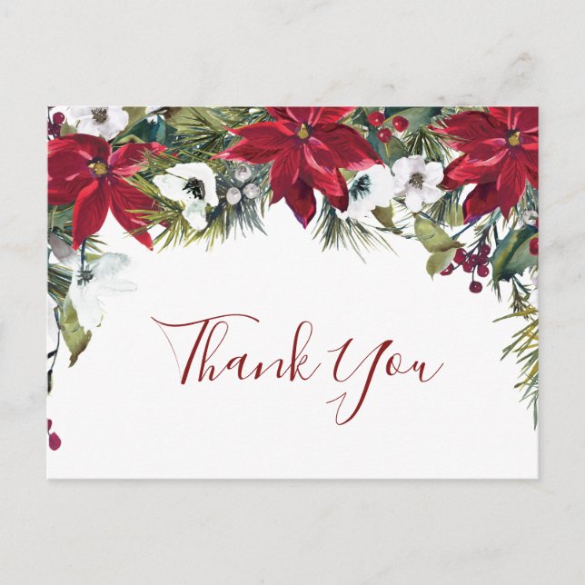 Postal Elegante Poinsettia Boda Watercolor Gracias (Anverso)