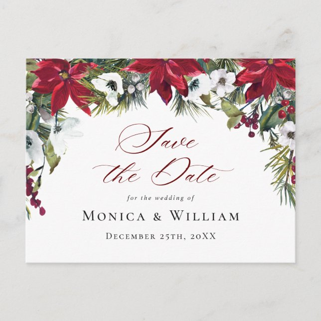 Postal Elegante Poinsettia Roja Boda Save the Date (Anverso)