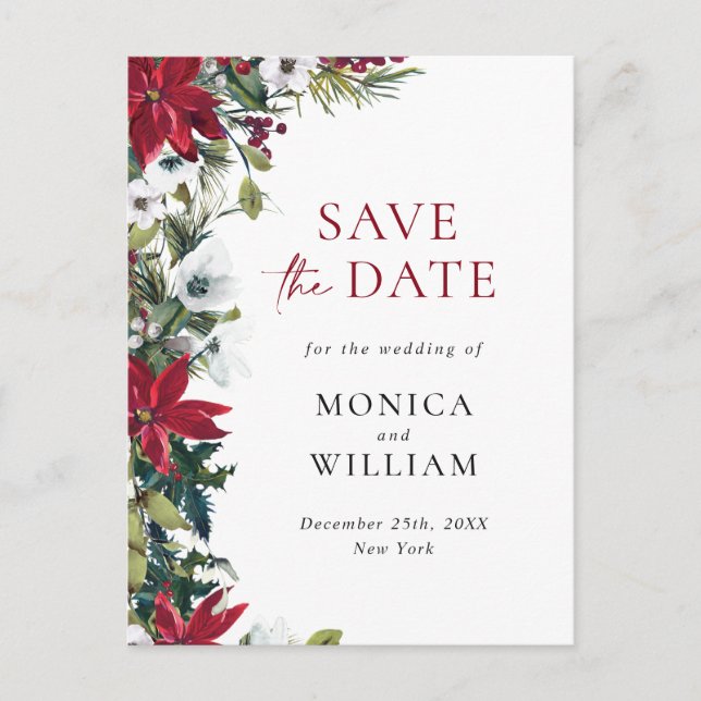 Postal Elegante Poinsettia Roja de Boda Save the Date (Anverso)