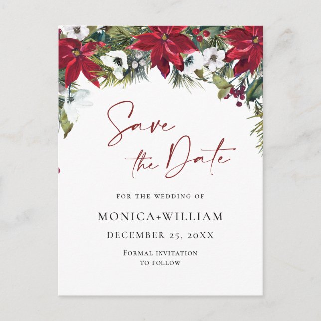 Postal Elegante Poinsettia Roja de Boda Save the Date (Anverso)
