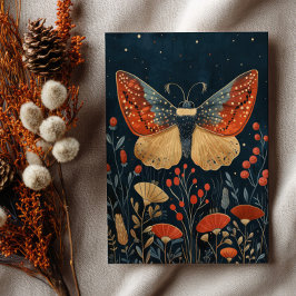 Postal Elegante Polilla Otoño Follaje Azul Marino Navidad
