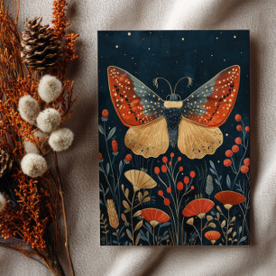 Postal Elegante Polilla Otoño Follaje Azul Marino Navidad