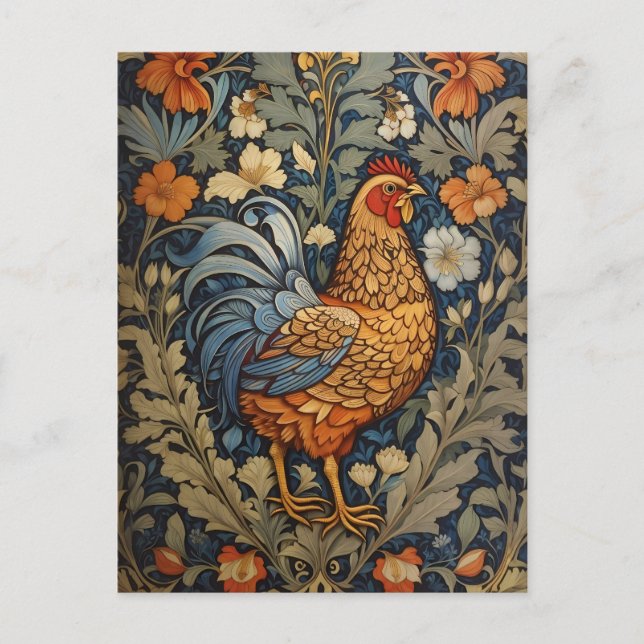 Postal Elegante Pollo William Morris Inspirado en Floral (Anverso)