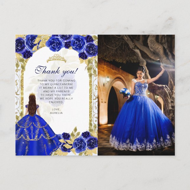 Postal Elegante presupuesto Royal Blue Floral Foto Quince (Anverso)