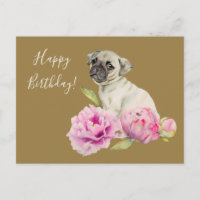 Elegante Pug y Peonies | Cumpleaños