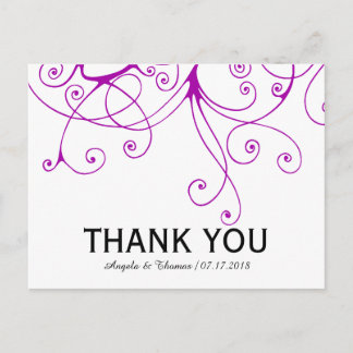 Postal Elegante Púrpura Swirls Boda Gracias