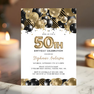Postal Elegante Purpurina negro de oro Invito de cumpleañ