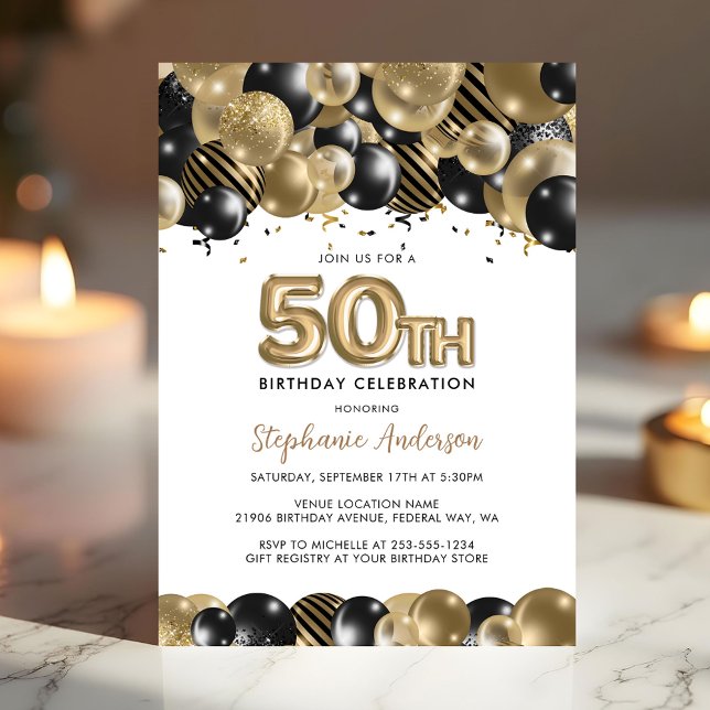 Postal Elegante Purpurina negro de oro Invito de cumpleañ (Elegant Gold Black Glitter 50th Birthday Invite)