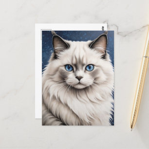Postal Elegante Ragdoll Cat Retrato de arte Ojos azules