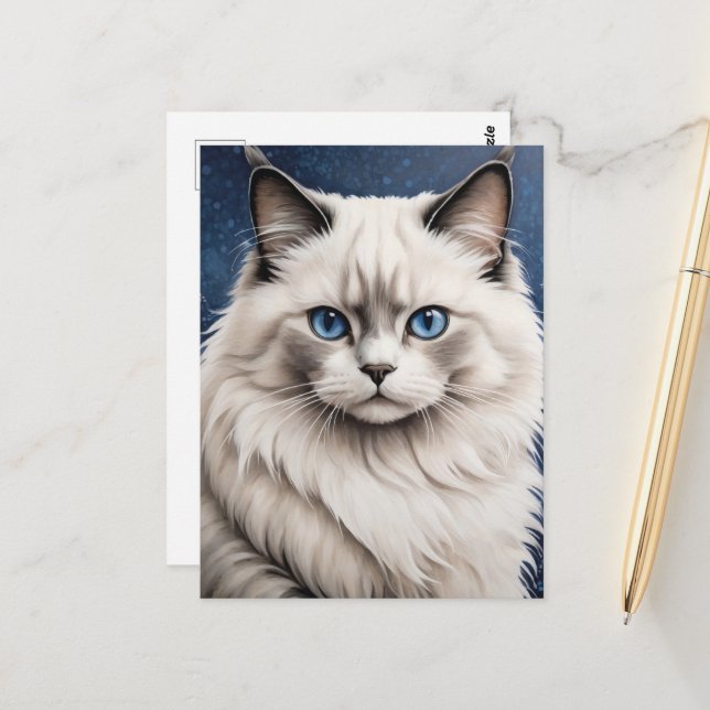 Postal Elegante Ragdoll Cat Retrato de arte Ojos azules (Anverso/Reverso In Situ)