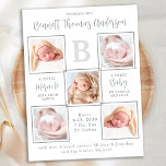 Postal Elegante Recién nacido Único 5 Anuncio de nacimien<br><div class="desc">Anuncie su recién nacido a amigos y familiares con estas elegantes, divertidas y modernas tarjetas de presentación de fotos. Personalizar con 5 de sus fotos, y personaliza con estadísticas iniciales de monograma, nombre, nacimiento. cita inspiradora: "Un pequeño milagro enviado desde arriba, un bebé dulce para abrazarse y amar". DERECHOS RESERVADOS...</div>
