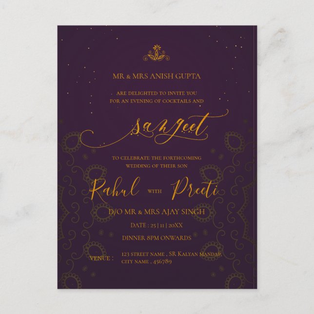 Postal Elegante Red Gold Mandala Boda indio Sangeet (Anverso)