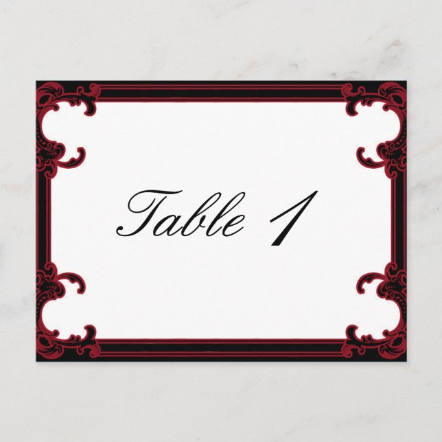 Postal Elegante Red Gothic Frame Boda Número de tabla (Anverso)