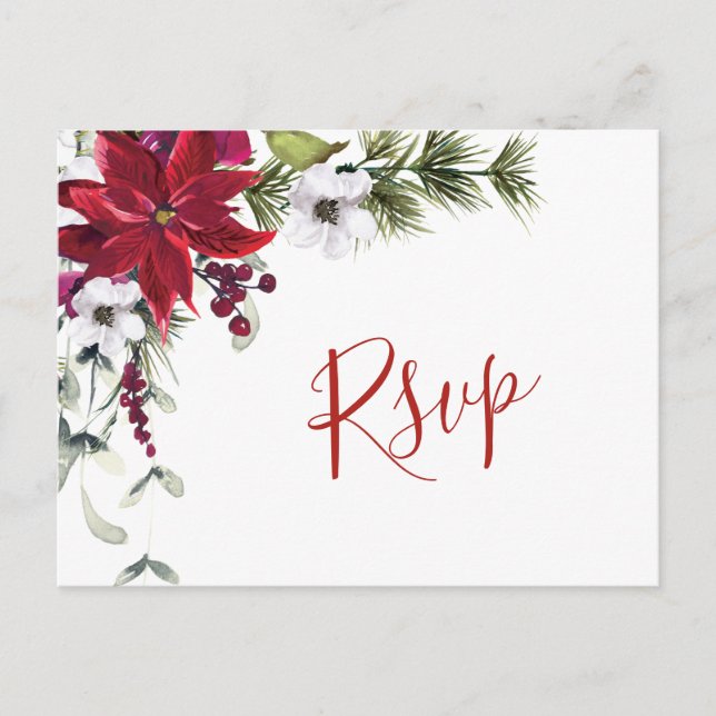 Postal Elegante Red Poinsettia Boda Watercolor RSVP (Anverso)