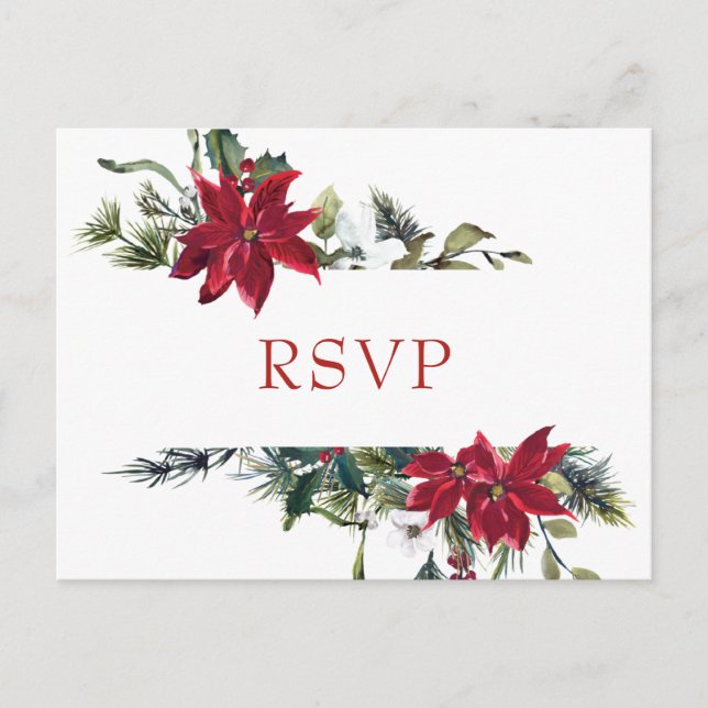 Postal Elegante Red Poinsettia Boda Watercolor RSVP (Anverso)