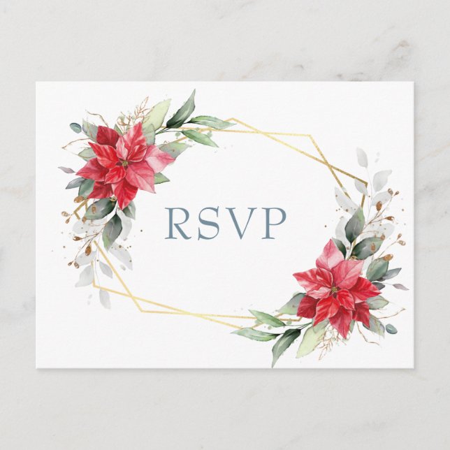 Postal Elegante Red Poinsettia Winter Greenery RSVP (Anverso)