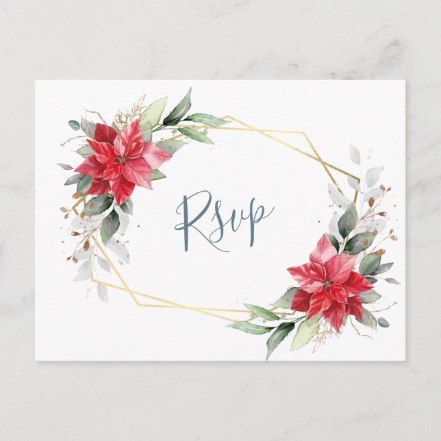 Postal Elegante Red Poinsettia Winter Greenery RSVP (Anverso)