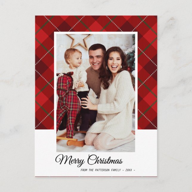 Postal Elegante Red Tartan Merry Christmas Family Photo (Anverso)