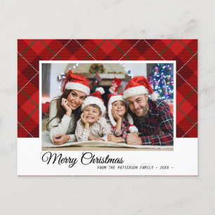 Postal Elegante Red Tartan Merry Christmas Family Photo