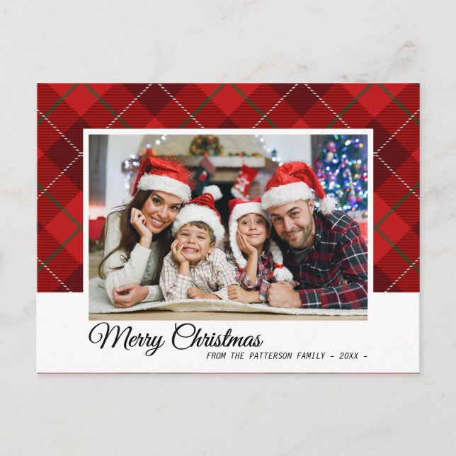 Postal Elegante Red Tartan Merry Christmas Family Photo (Anverso)