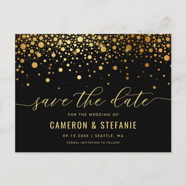 Postal Elegante Relieve metalizado dorado Confetti Negro  (Anverso)