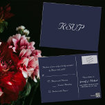 Postal Elegante respuesta de Boda de Fiesta azul de la Ma<br><div class="desc">Crea tu propio personalizado, personalizado, sencillo, elegante, fiesta personalizado azul marino / evento / ocasión especial tarjeta de invitación RSVP. Simplemente introduzca su fecha, nombre y dirección rsvp. Un elegante RSVP para todos tus amigos y familia, para cualquier ocasión, evento, reunión, ya sean bodas, fiesta de cumpleaños, fiesta de graduación,...</div>