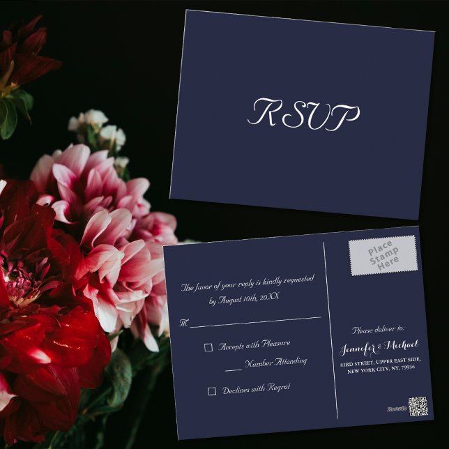 Postal Elegante respuesta de Boda de Fiesta azul de la Ma (Elegant Navy Blue Party Wedding Response RSVP Postcard)