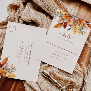 Postal Elegante Respuesta de Boda de Otoño con Hojas