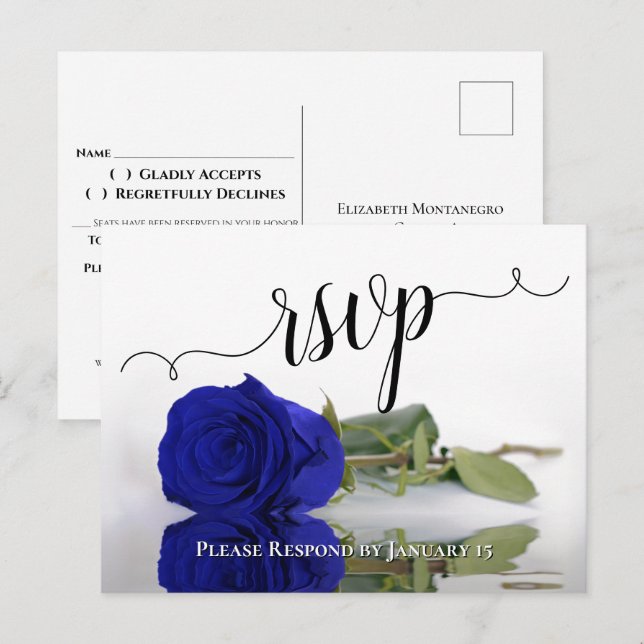 Postal Elegante respuesta de boda de rosa azul real refle (Anverso / Reverso)