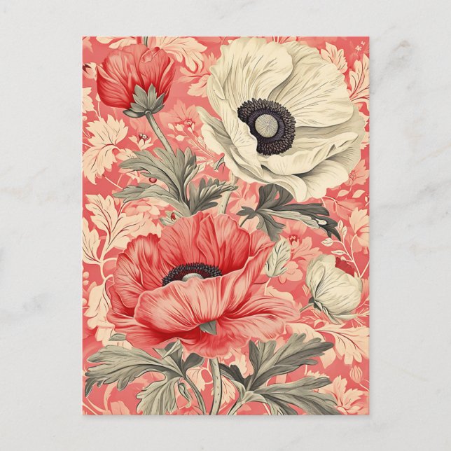 Postal Elegante Rojo Blanco Poppies Arte Floral (Anverso)
