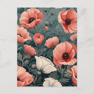 Postal Elegante Rojo Blanco Rosa Poppies Oscuros Sale Flo