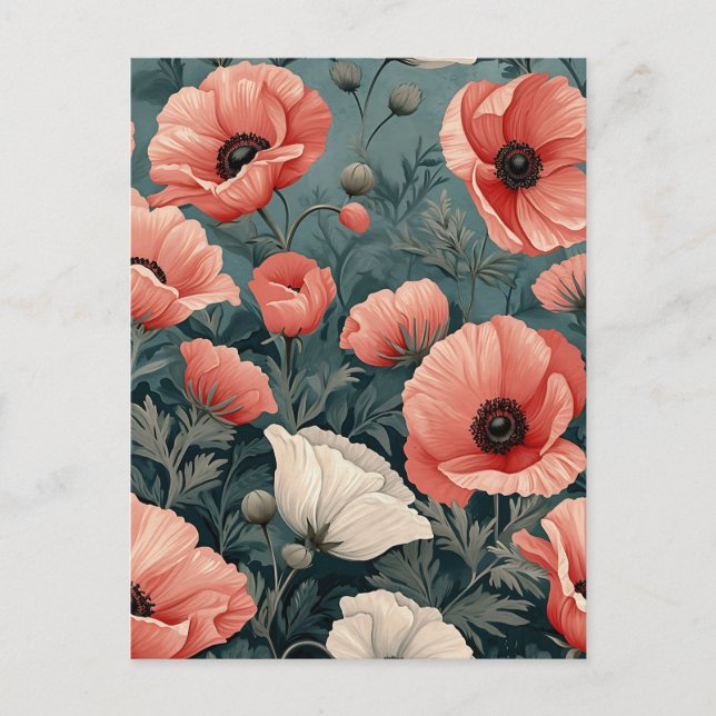 Postal Elegante Rojo Blanco Rosa Poppies Oscuros Sale Flo (Anverso)