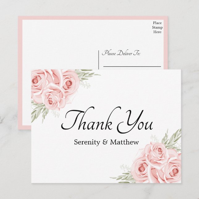 Postal Elegante Rosa Boda Floral Rosa Gracias (Anverso / Reverso)