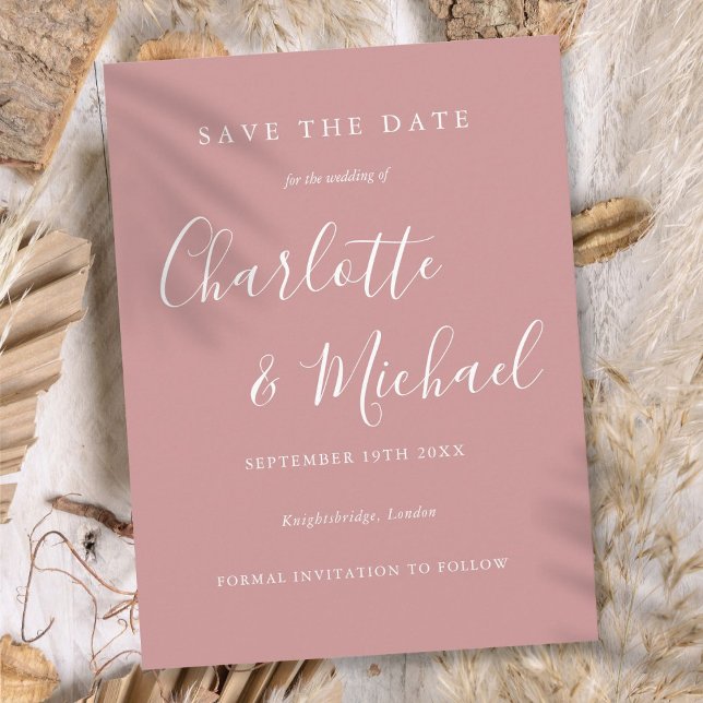 Postal Elegante Rosa de escritura polvorienta Boda Guarda (Elegant Dusty Rose Script Wedding Save the Date Postcard)