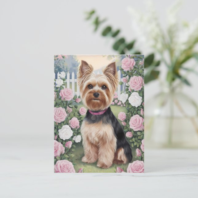 Postal Elegante Rosa de Yorkshire Terrier (Anverso de pie)