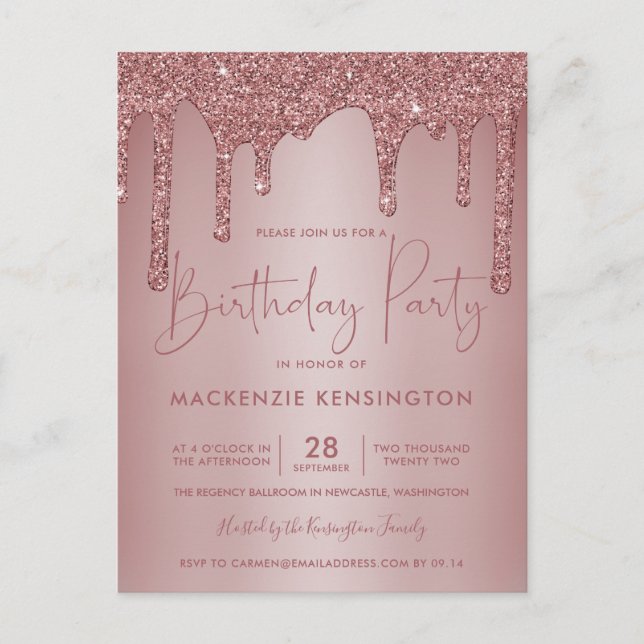 Postal Elegante Rosa Dorado Esparkle Purpurinas Drithday (Anverso)