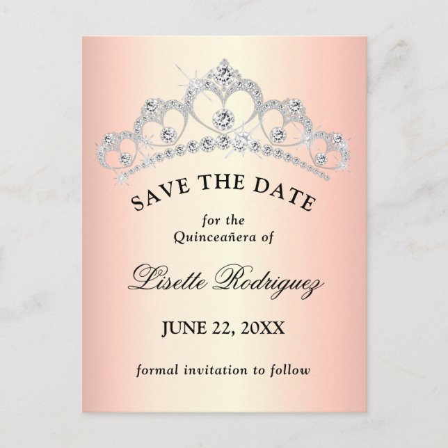 Postal Elegante Rosa Dorado Quinceanera Save The Date (Anverso)
