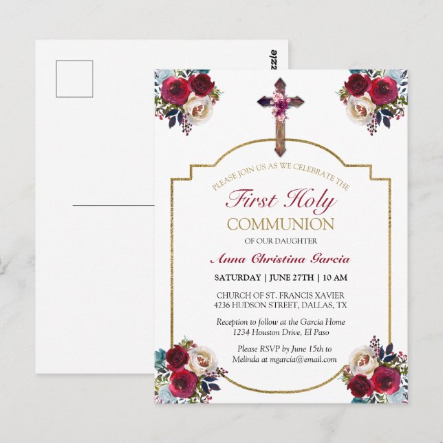 Postal Elegante Rosa Floral Oro Primera Santa Comunión (Anverso / Reverso)