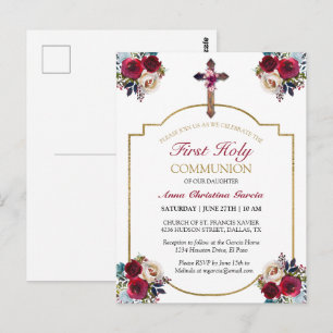 Postal Elegante Rosa Floral Oro Primera Santa Comunión