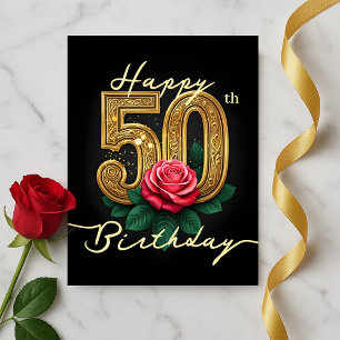 Postal Elegante Rosa Florece y Lujoso Dorado Cumpleaños 5
