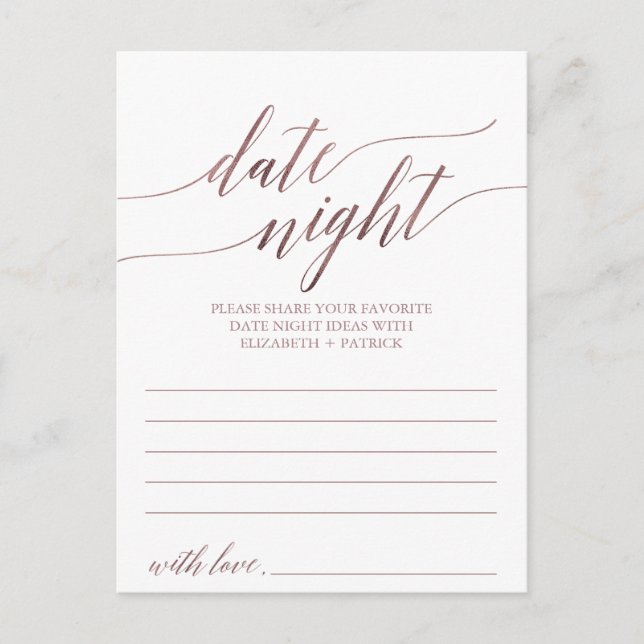 Postal Elegante Rosa Gold Caligraphy Date Night Idea Card (Anverso)