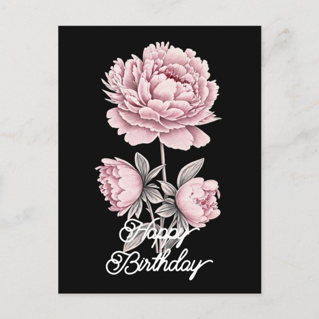 Postal Elegante Rosa Vintage Cumpleaños Feliz Peonía (Anverso)