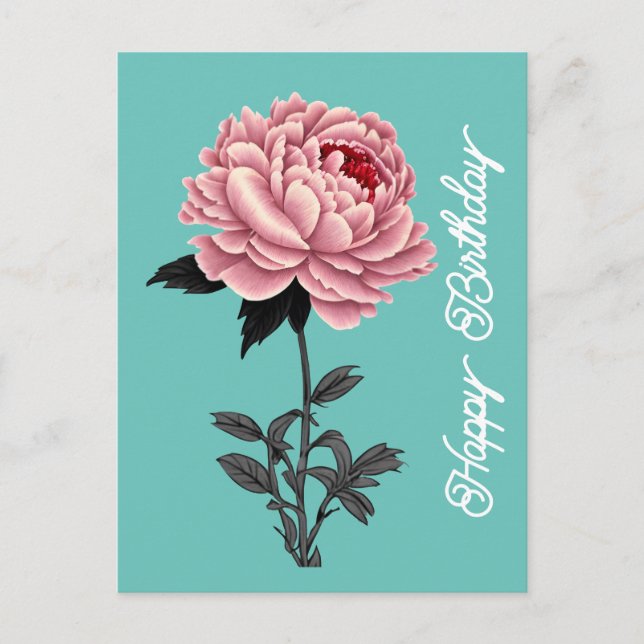Postal Elegante Rosa Vintage Peonía Feliz Cumpleaños Verd (Anverso)