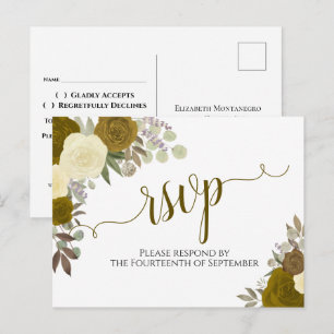 Postal Elegante Rosas de acuarela dorada Boda RSVP